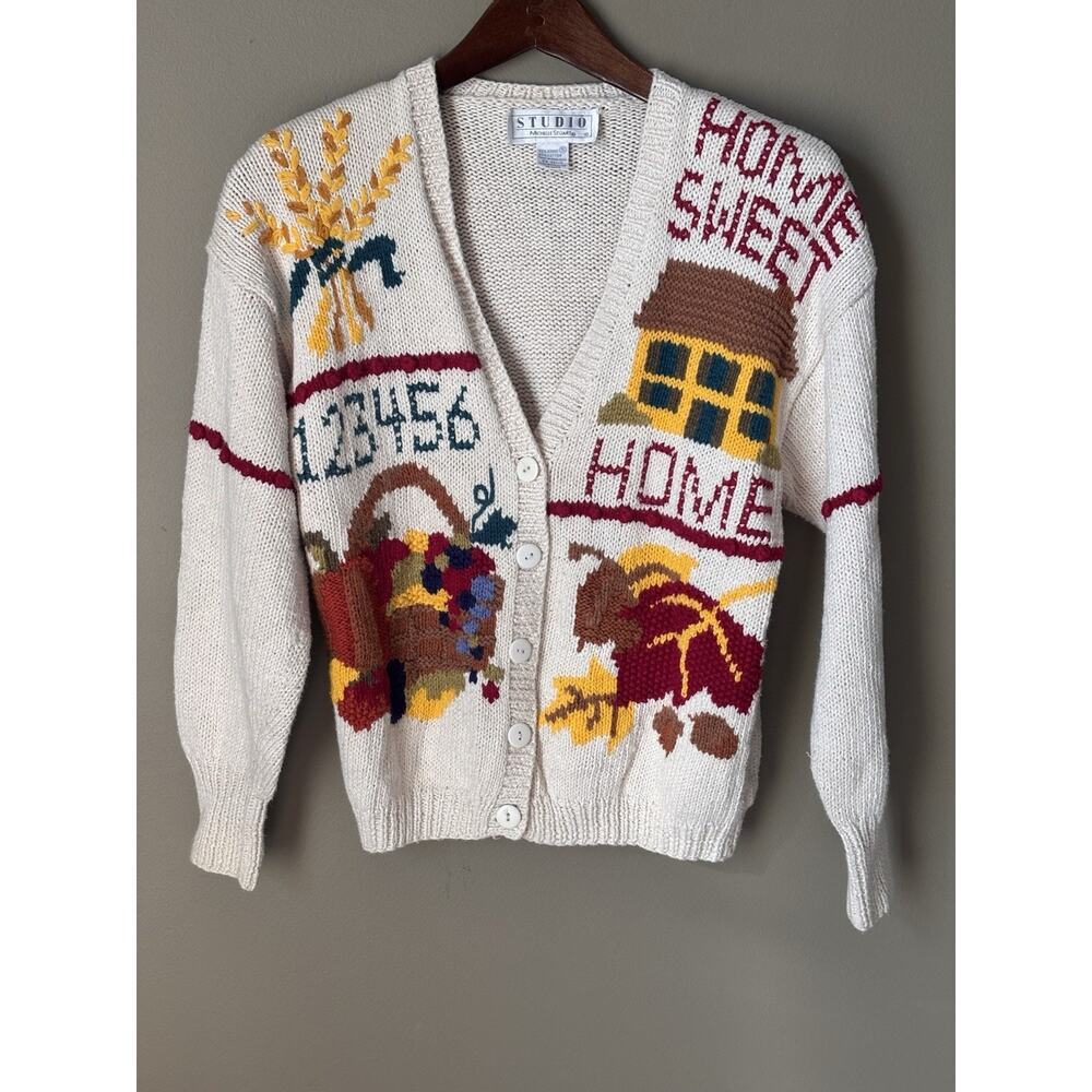 Vintage Knit Sweater Cardigan Teacher Cottage Prairie Fall Thanksgiving Small - Picture 2 of 6
